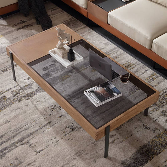 طاولة قهوة بسطح خشبي وزجاج